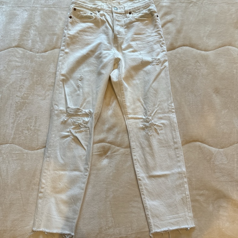 Levi Strauss Destroyed White Denim Straight Leg Cutoff Jeans, Size 28